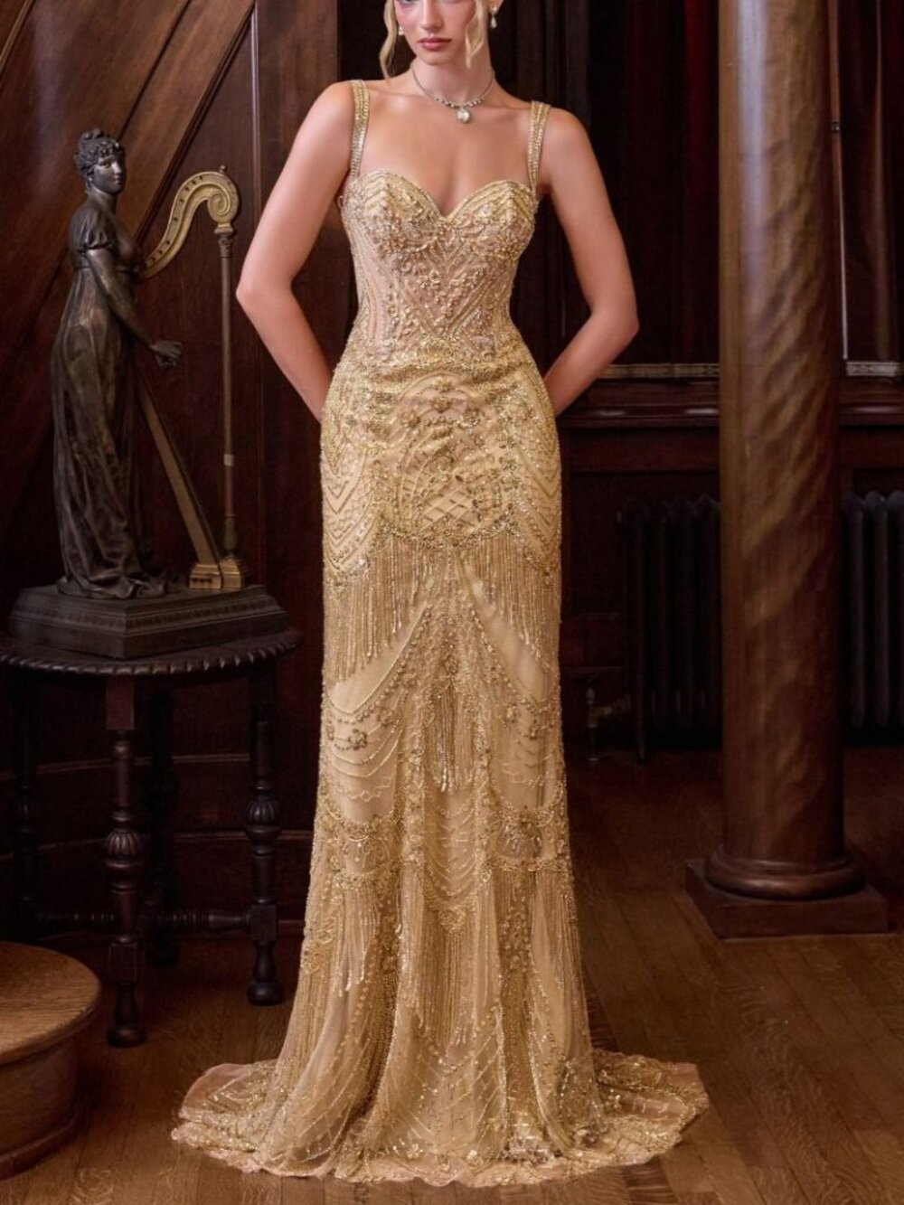GOLD FORMAL MOTHER OF THE BRIDE GROOM DRESS. FITTED MERMAID BEADED FRING PAGEANT